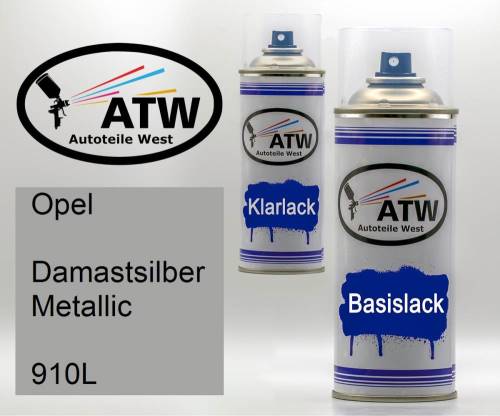 Opel, Damastsilber Metallic, 910L: 400ml Sprühdose + 400ml Klarlack - Set, von ATW Autoteile West.